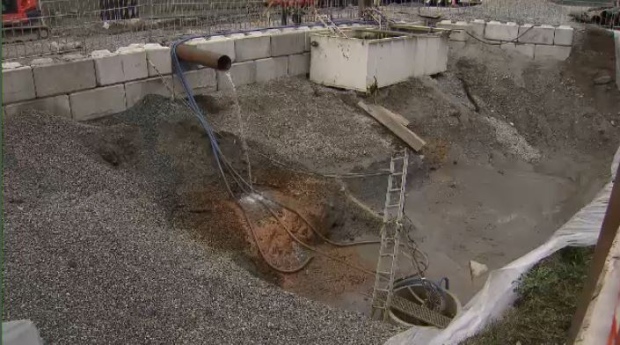 A breached aquifer on Beechwood Street in southwest Vancouver has been spilling water for months, causing concerns about potential sinkholes. March 10, 2016. (CTV)