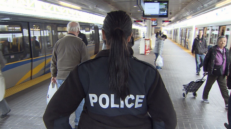 A Metro Vancouver Transit Police officer is seen at a SkyTrain station in this December 2021 file image. 