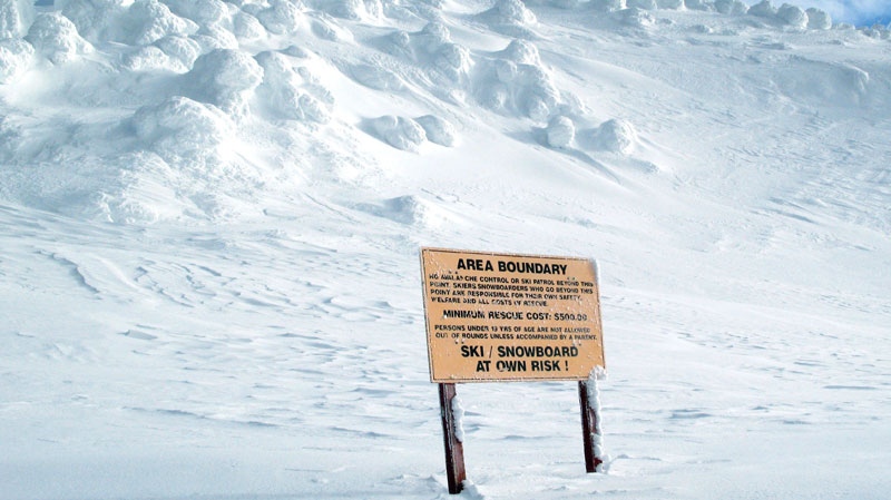 FILE - A warning is posted on top of the Gem Lake chair telling skiers and snowboarders to stay away from the area out of boundaries at the Big White ski resort near Kelowna B.C.,  Wednesday, Jan. 19, 2011. (Jacques Boissinot / THE CANADIAN PRESS)