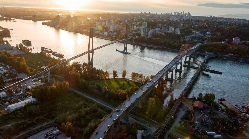 The Pattullo Bridge and SkyBridge are seen in an image captured by CTV News Vancouver's Pete Cline in Chopper 9 in 2019. 