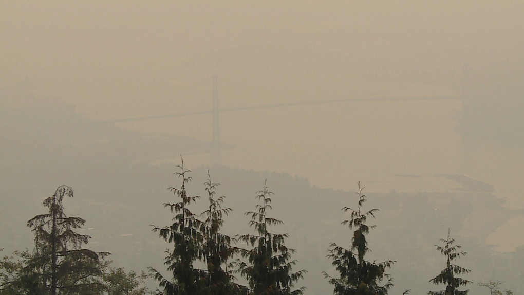 The Lions Gate Bridge is through the smoky air above Vancouver in this image from Aug. 22, 2018. 