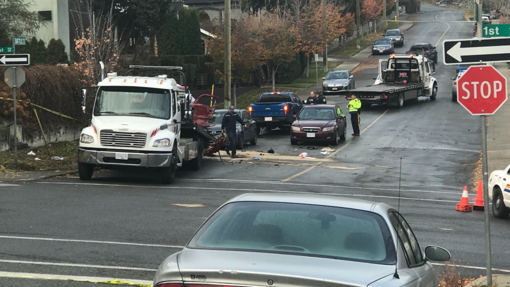 Police on the scene of a collision between a car and a pickup truck in the early hours of Sunday, Nov. 3, 2019. (Brendan Kergin/KamloopsMatters) 