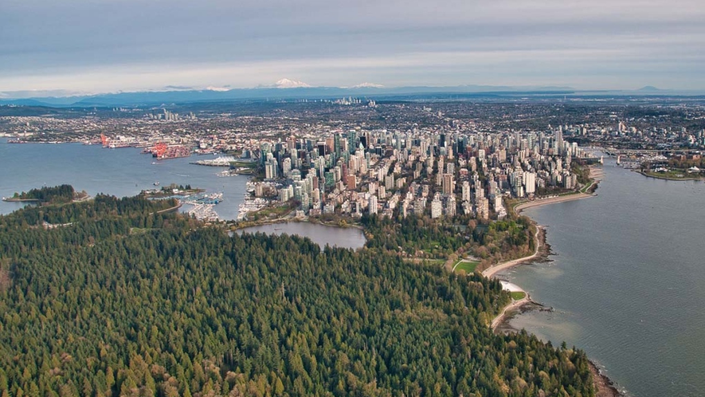 Stanley Park and the Vancouver skyline are seen from above in spring 2019. (Pete Cline / CTV News Vancouver)