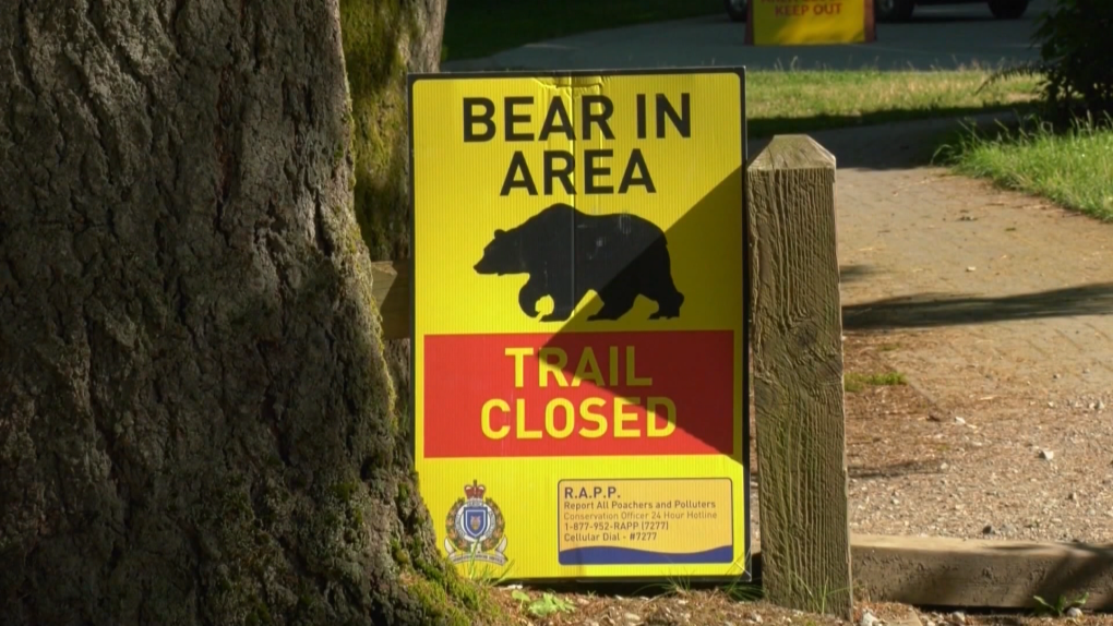 A sign posted in July 2020 warns of a black bear sighting in a North Vancouver park.