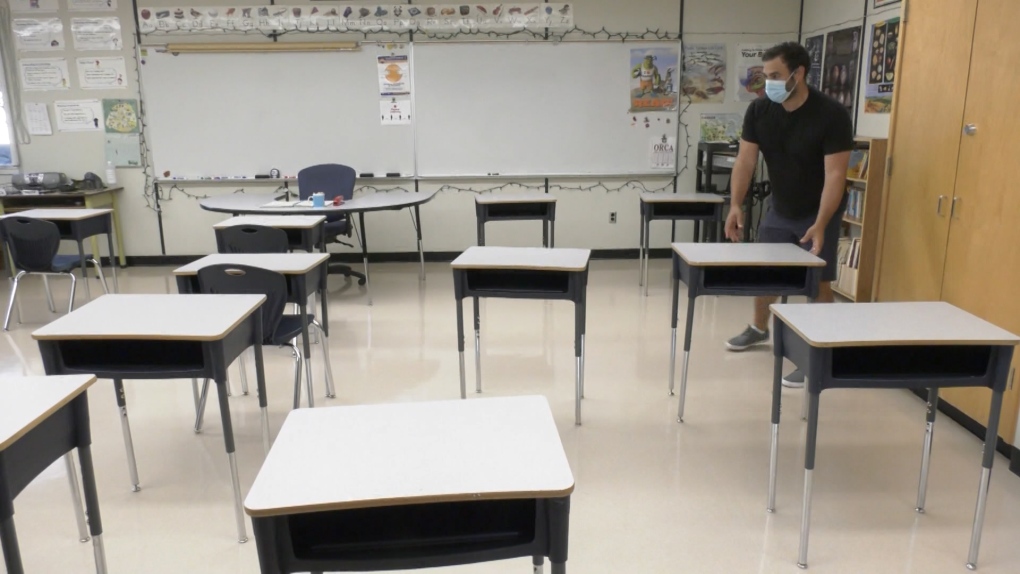 A classroom with desks spread out in Surrey, B.C.
