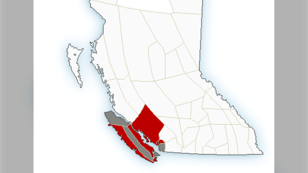 A map from Environment Canada shows several weather advisories for the south coast of B.C. on Saturday, Oct. 23, 2021.