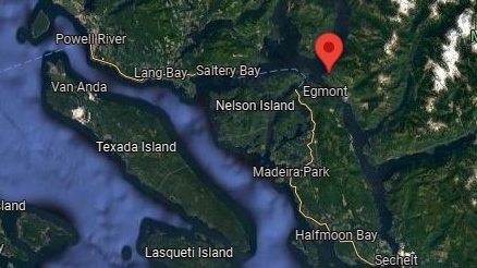 A red pin marks the location of Killam Bay, located on B.C.'s Sunshine Coast, which is about a day of travel north from Vancouver. (Google Maps Image)