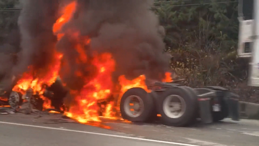 Fire tears through truck on Coquihalla Highway