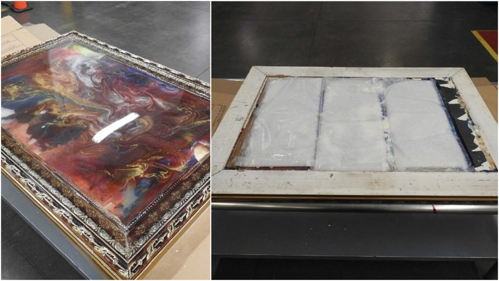 Photos released by the B.C. RCMP show a painting and the methamphetamine officers allege it concealed. 