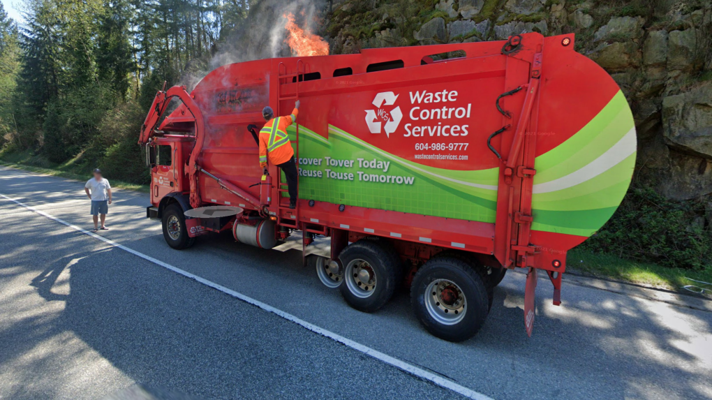 The images captured heavy smoke and flames billowing out of a garbage truck on the side of the road (Google Street View).