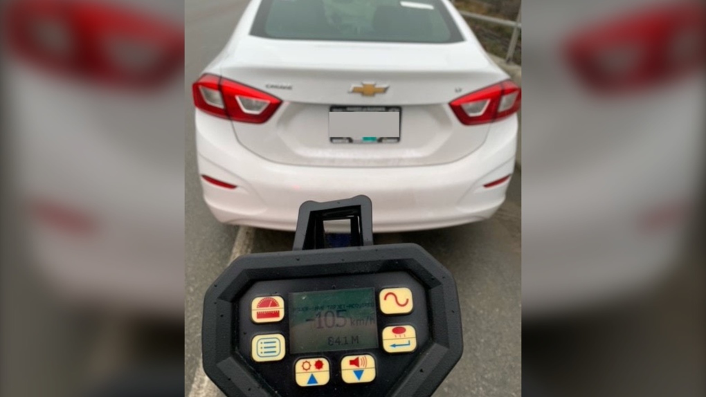 Mounties in Surrey say a driver was caught doing 105 km/h in a 30 zone. (Surrey RCMP/Twitter)