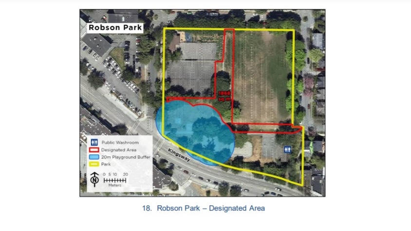 The area outlined in red is the space within which people will be allowed to drink alcohol at Robson Park, which is located on Kingsway, one block west of Fraser Street. (Vancouver Park Board diagram)