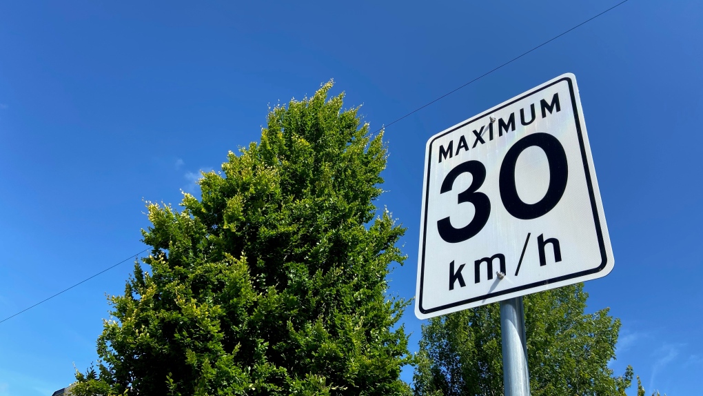 A speed limit sign is seen in Vancouver on Friday, June 18, 2021. 