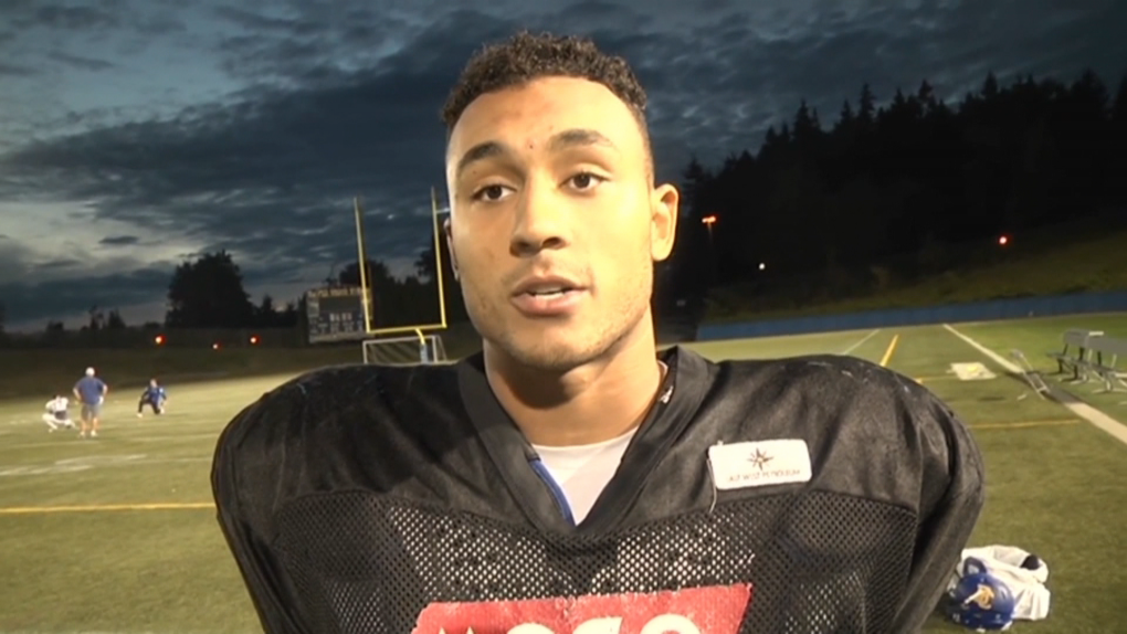 Treymont Levy, now 28, is seen in video from his time as a UBC Thunderbirds football player. Charges against Levy, one of three former Thunderbirds players accused of sexually assaulting a woman on campus in 2018, have been stayed. 