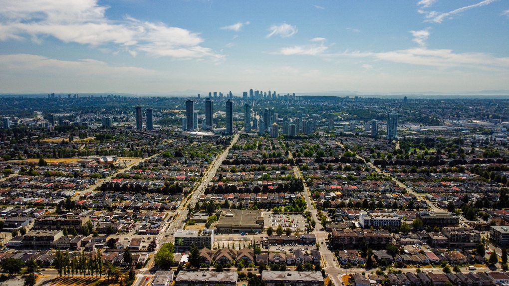 The Brentwood area of Burnaby, B.C., is seen from the air by drone in July 2021. (Jordan Jiang / CTV News Vancouver)