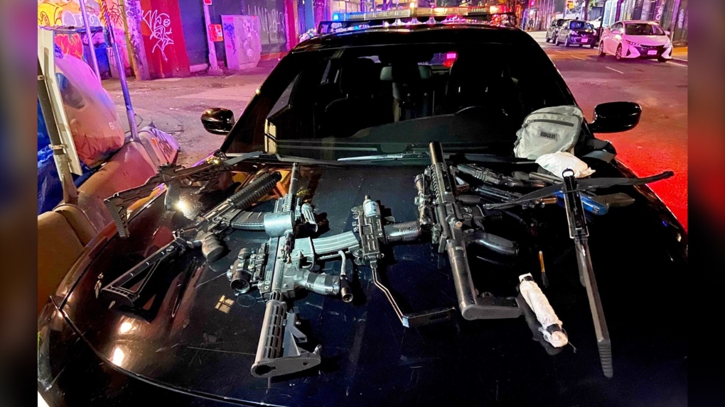 A photo from the Vancouver Police Department shows what officers described as a cache of weapons allegedly seized in the city's Downtown Eastside.