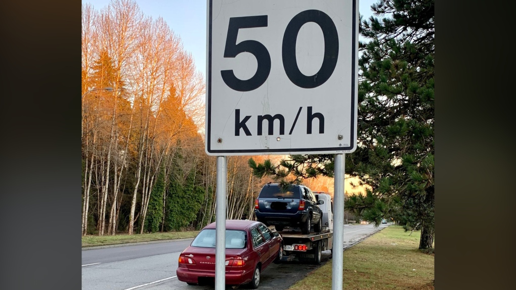 A photo posted by the Vancouver Police Department's Sgt. Mark Christensen shows a vehicle being towed after the driver was allegedly caught speeding. 