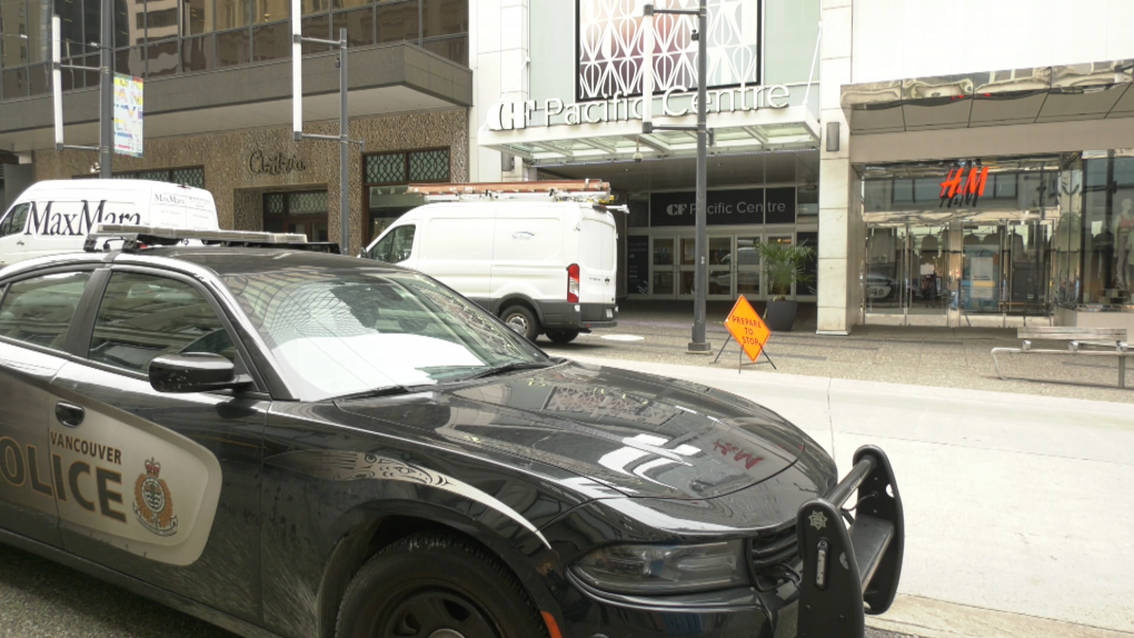 A police cruiser is seen outside Pacific Centre Mall in downtown Vancouver on Wednesday, Jan. 26, 2022. 