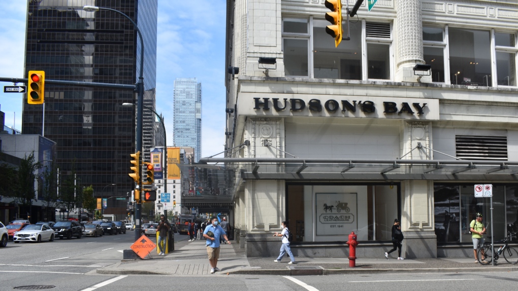 The Hudson's Bay store at Granville and Georgia streets in downtown Vancouver is seen in an Aug. 18, 2021 file image. 