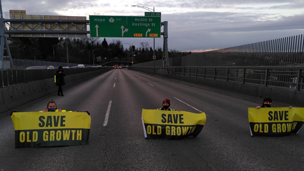Protesters block the Second Narrows Bridge on Jan. 31, 2022. (Save Old Growth/Twitter)