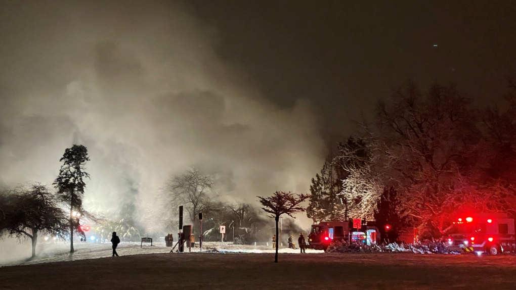 Fire crews were busy Tuesday evening after a large blaze broke out in Vancouver's Queen Elizabeth Park (Shelley Moore / CTV News Vancouver). 