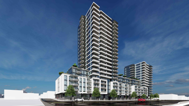 A developer is proposing 439 rental homes in two towers with a six-storey podium between them in Vancouver's rapidly changing Oakridge neighbourhood. (shapeyourcity.ca)