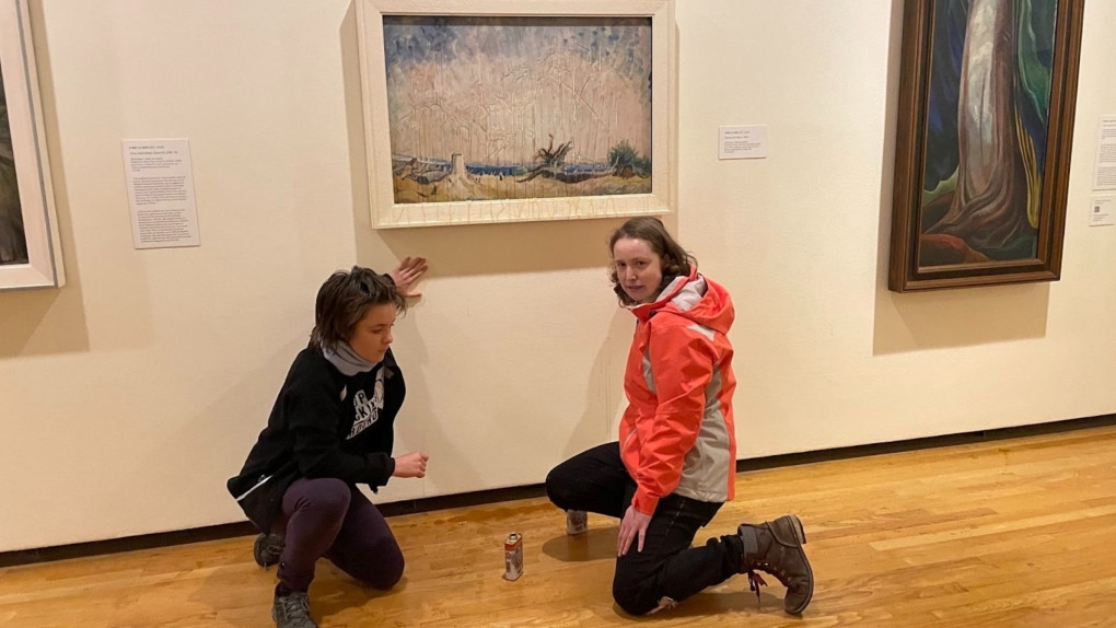 A spokesman for the environmental group Stop Fracking Around says two activists splashed maple syrup on Emily Carr's painting “Stumps and Sky,” which is on display at the gallery. (Stop Fracking Around)