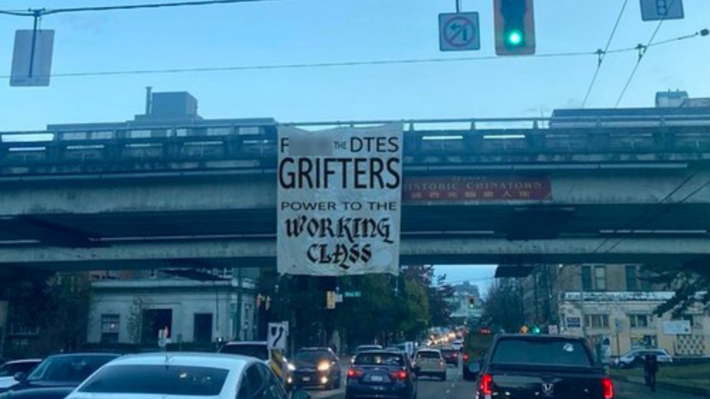 An image shared by Vancouver Police Union president Ralph Kaisers on Twitter attacks "DTES grifters." 