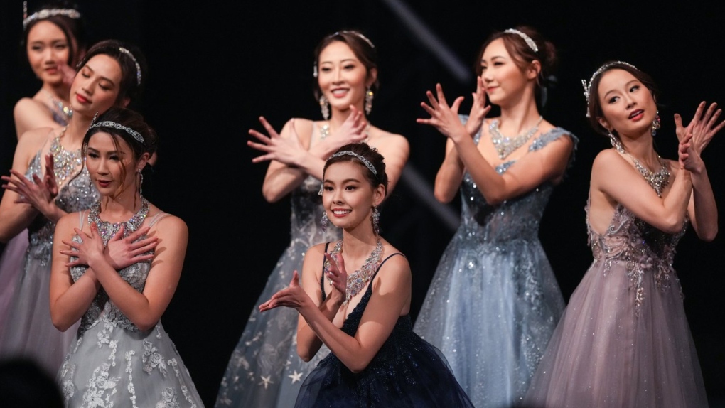 Competitors, including eventual winner Yi Yi Wang, front centre, dance during the Miss Chinese Vancouver Pageant, in Richmond, B.C., on Wednesday, November 30, 2022. THE CANADIAN PRESS/Darryl Dyck