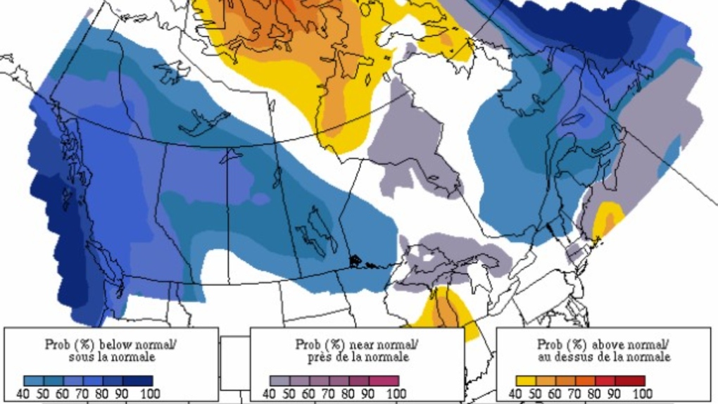 An Environment Canada heat map showing the likelihood of temperatures being colder, average or warm from March through May 2022. (Environment and Climate Change Canada) 