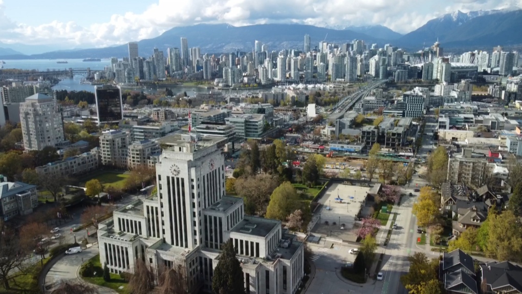 Downtown Vancouver is seen from City Hall on April 20, 2022. (CTV)