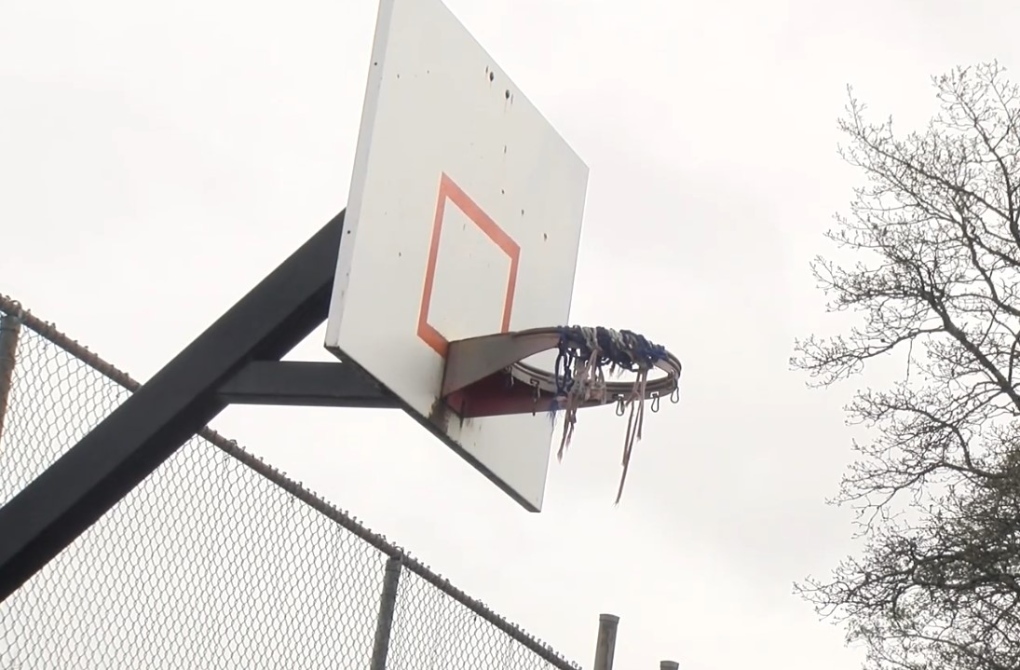 The rundown basketball hoops at the Mcbride courts in Prince Rupert