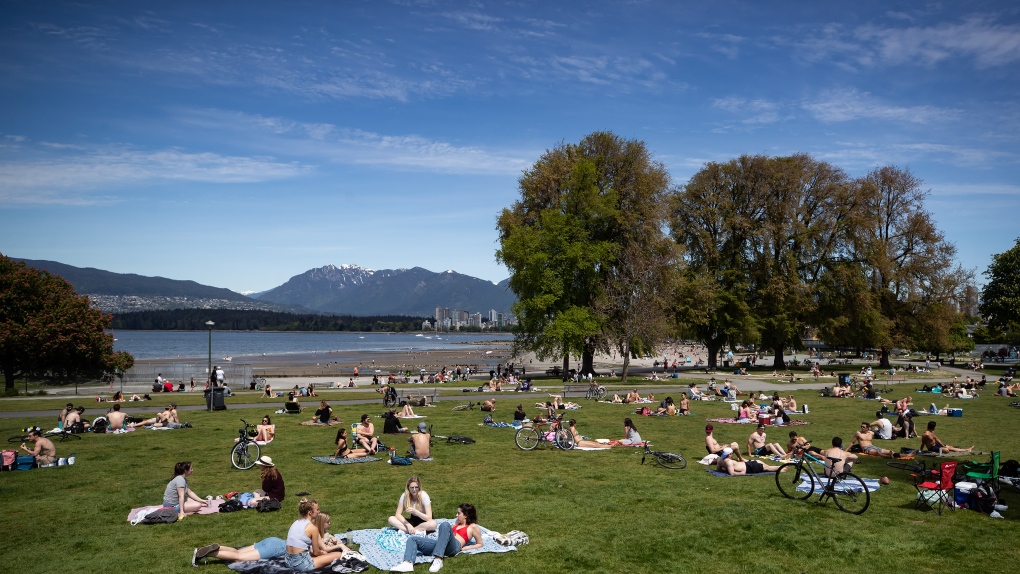 People sit and lie in the sun at Kitsilano Beach Park on Saturday, May 9, 2020. THE CANADIAN PRESS/Darryl Dyck