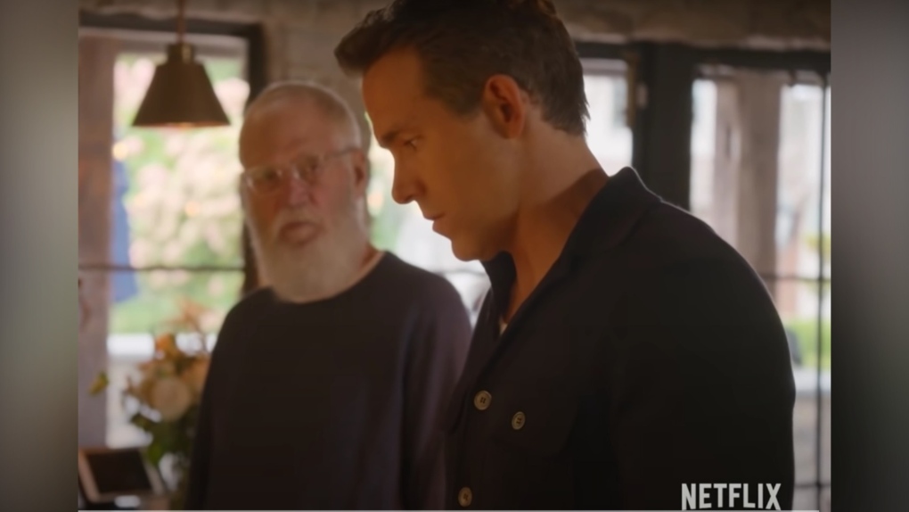 This screenshot from David Letterman's Netflix show "My Next Guest Needs no Introduction" Ryan Reynolds being interviewed in his home. 