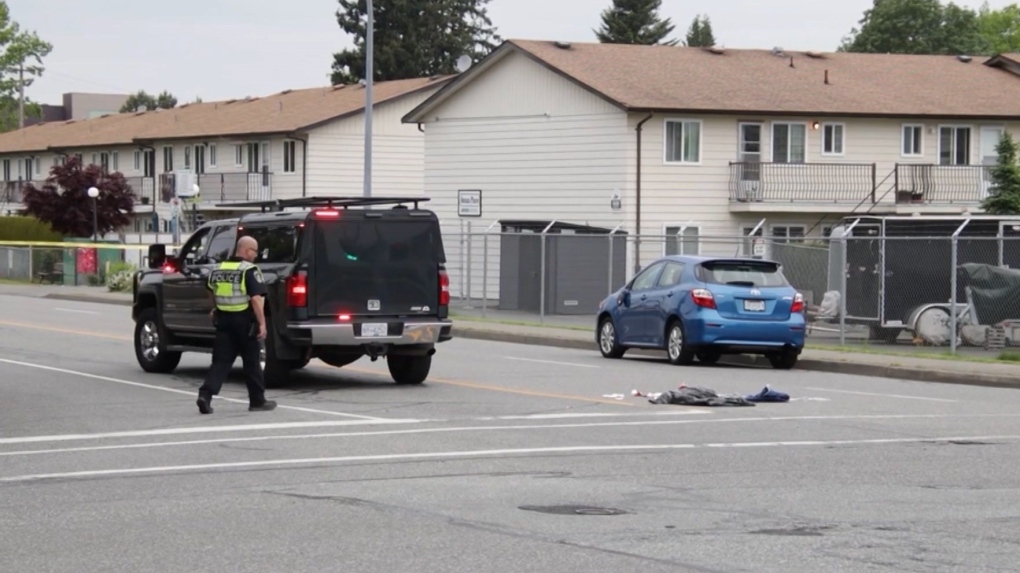 Police blocked a road in Abbotsford after two pedestrians were hit on May 26, 2022. 