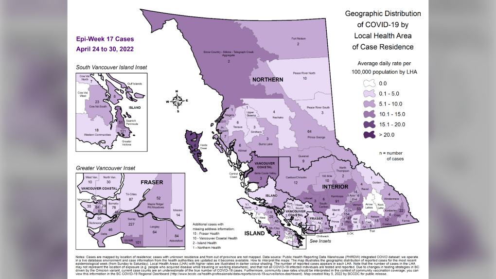 This map produced by the B.C. Centre for Disease Control shows the number and relative per-capita rate of positive PCR tests for COVID-19 for the week of April 24 to 30. A full-sized version of the map can be found on the BCCDC website.