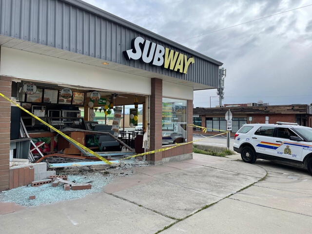 This photo by Colin Dacre for Castanet shows the damage to a Subway in West Kelowna following a crash. 