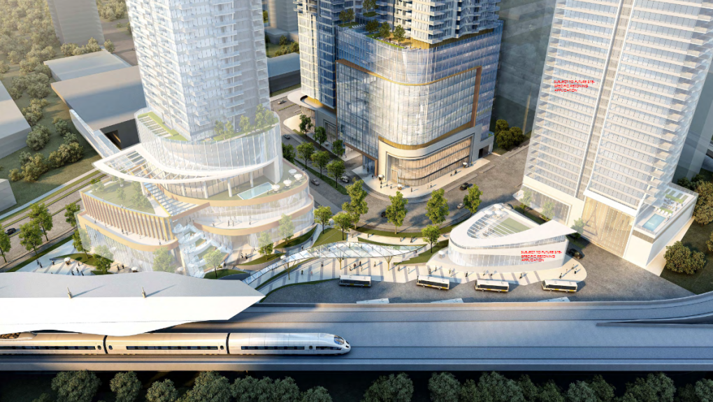 A sketch from the architecture plans by Pinnacle International of the Lougheed towers is shown.