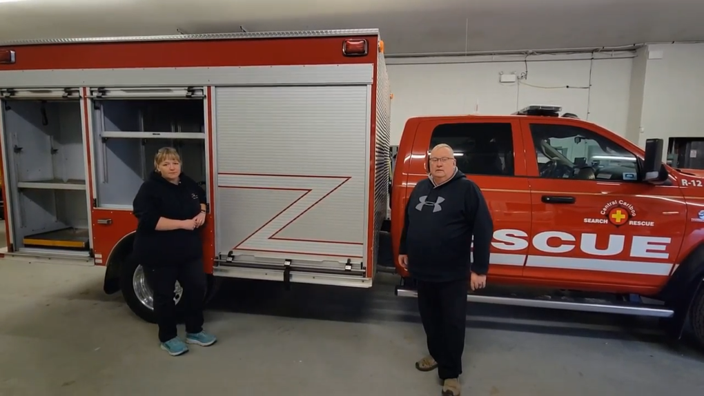 Central Cariboo Search and Rescue Chief Rick White, right, is seen with the organization's recovered search and rescue truck in a video shared on the group's Facebook page this week. (Facebook/Central Cariboo Search and Rescue)