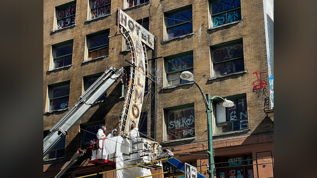 The neon sign on the Balmoral Hotel in Vancouver's Downtown Eastside was removed by city crews on Sunday, June 26, 2022. 