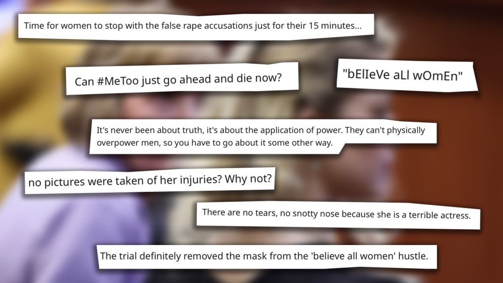 Some of the discussion around the Depp-Heard trial on social media sites has concerned advocates for domestic violence survivors. (Graphic illustration by CTV News. Background image of Amber Heard from Evelyn Hockstein/AP)