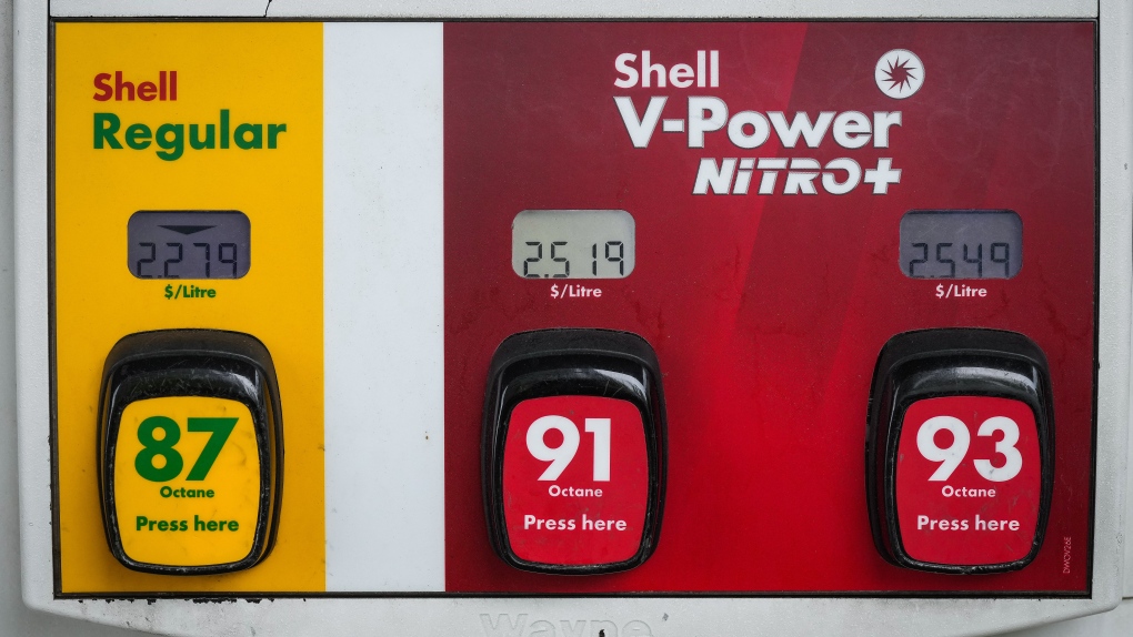 Prices for a litre of various grades of gasoline are displayed on a gas pump in Vancouver on Saturday, May 14, 2022. THE CANADIAN PRESS/Darryl Dyck 