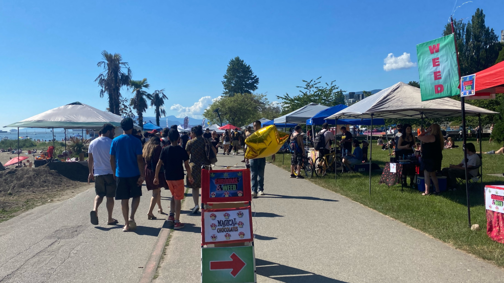 This photo shows unlicensed cannabis and magic mushroom vendors set up in Vancouver on Canada Day.  
