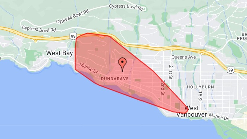 An outage map after a crash in West Vancouver on Aug. 4, 2022.