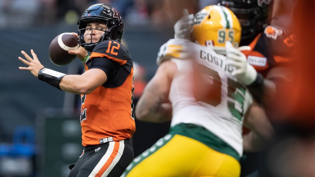 B.C. Lions quarterback Nathan Rourke passes during the first half of CFL football game against the Edmonton Elks in Vancouver, on Saturday, August 6, 2022. THE CANADIAN PRESS/Darryl Dyck