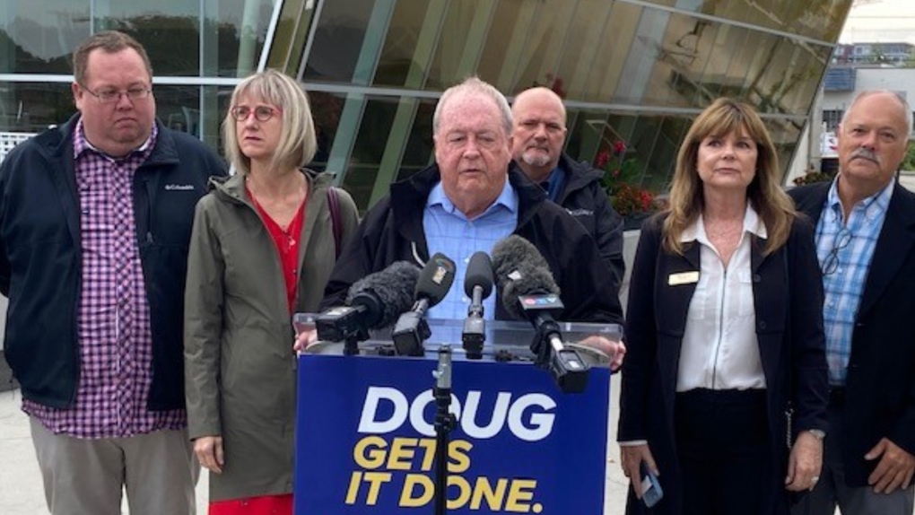 Incumbent mayoral candidate Doug McCallum speaks at the podium during a Safe Surrey Coalition event on Sept. 28, 2022. 