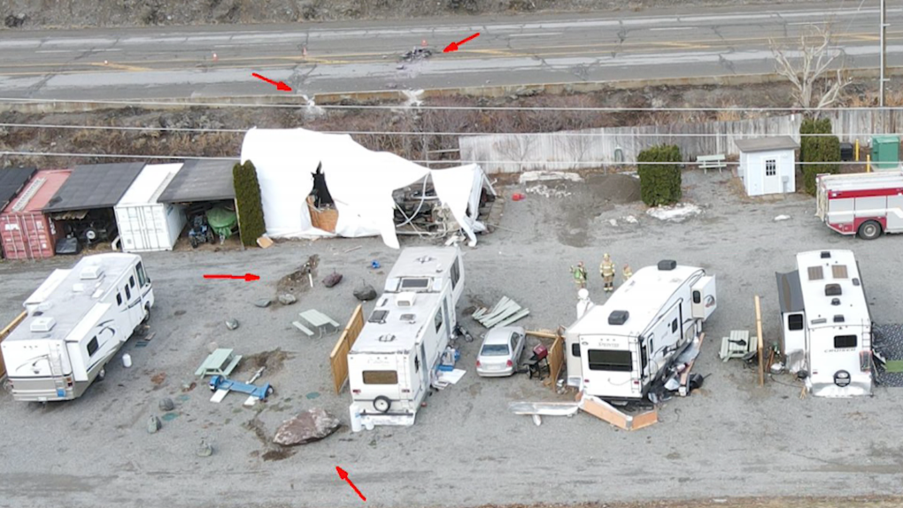 A rockslide damaged multiple trailers at an RV park outside Keremeos, B.C., according to social media reports. (Facebook/Keremeos Communities News)