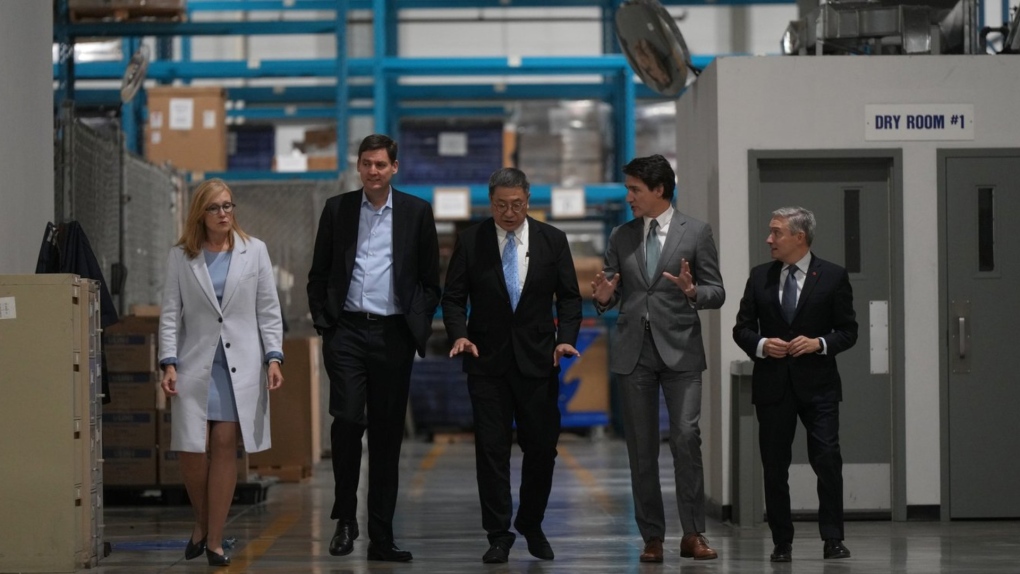 B.C. Minister of Jobs, Economic Development and Innovation Brenda Bailey, from left to right, B.C. Premier David Eby, Nelson Chang, Chairman of TCC Group, E-One Moli Energy (Canada), Prime Minister Justin Trudeau and Minister of Innovation, Science and Industry Francois-Philippe Champagne tour an E-One Moli facility in Maple Ridge, B.C., on Tuesday, November 14, 2023. THE CANADIAN PRESS/Darryl Dyck