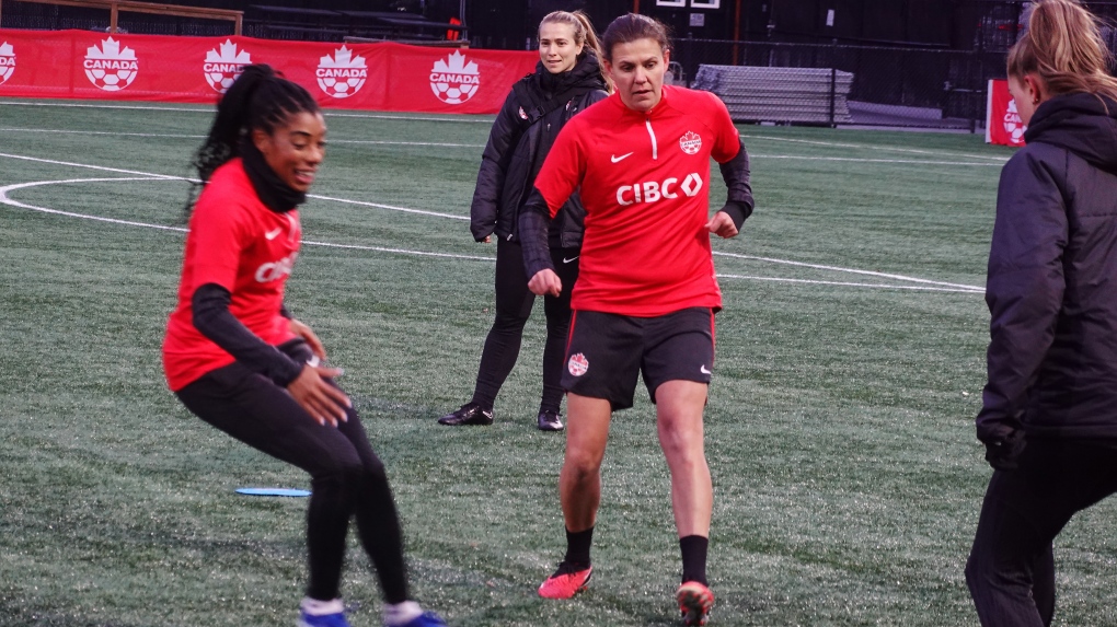 Canada's Christine Sinclair, centre, trains with the Canadian women’s soccer team at Starlight Stadium in Langford, B.C. on Thursday, Nov. 30, 2023 ahead of Friday's international friendly against Australia.THE CANADIAN PRESS/Neil Davidson