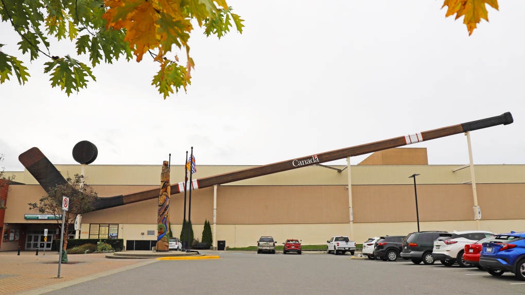 The world's largest hockey stick is seen at Cowichan Arena in Duncan, B.C., in an undated handout photo. (THE CANADIAN PRESS/Handout-Cowichan Valley Regional District)